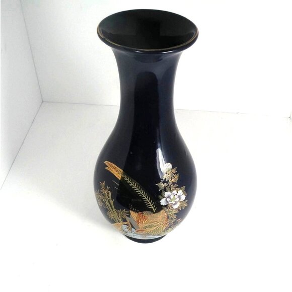 Vintage Cobalt Blue Japanese Porcelain Vase W/ Gold Pheasant With  Floral  Desig - Picture 7 of 9